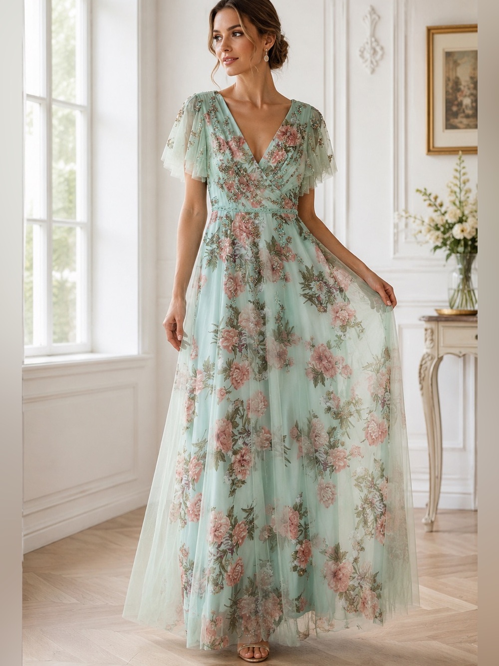 NWT Mac Duggal Beaded Teal Blue Floral Flutter Sleeve 70125 Maxi Dress Size 4